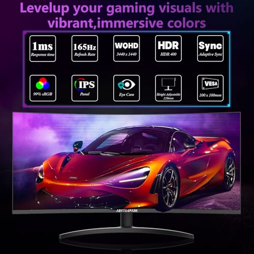 Image of 34 Inch Curved Ultra Wide WQHD 4K (3440 x 1440) Gaming Monitor, 165Hz 1500R-PIP /PBP, 1ms (MPRT), HDR400, DCI-P3 95%,FreeSync & G-Sync, 2 x DP 1.4 and 2 x HDMI 2.0, Tilt Height Adjustment
