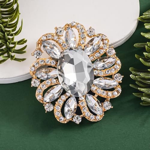 Image of SELOVO Flower Rhinestone Statement Brooch Pin Accessory Antique Gold Tone