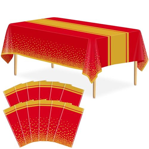 Image of 12 Pack Red and Gold Tablecloth Party Decorations Plastic Red Tablecloth Printed Gold Table Runner 54 x108 Inch Disposable Rectangle Table Cover for Birthday Wedding Graduation Anniversary