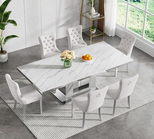 Image of Modern Extendable Dining Table Set for 6, Faux Marble Expandable Table with 6 Beige Velvet Chairs & Silver Mirrored Pedestal Base, 63 inch to 94 inch 3-Position Expansion, 7 Piece Luxury Dining Room Table Set