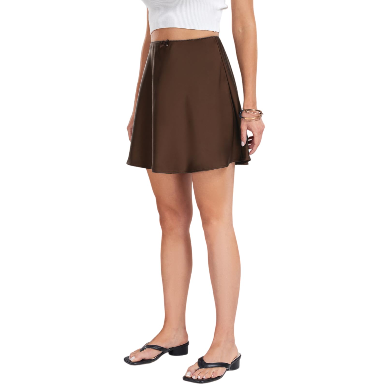 Minigonna Donna Alta Vita Raso A-Linea Mini Gonna Pizzo Finitura Arco Elegante Casual, Dettaglio Gonna-Brown-s