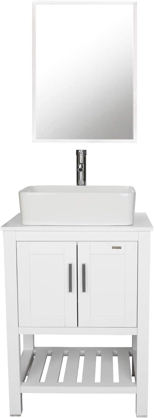 eclife 24" Farmhouse Bathroom Vanity Sink Combo with Bottom Storage Shelf, Modern MDF White Cabinet with White Rectangle Ceramic Vessel Sink with Mirror, Solid Faucet and Pop Up Drain (T03 B06W)