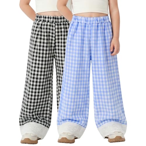 Image of Miipat Toddler Girls Wide Leg Pants Elastic Waist 2 Pack Gingham Pants Girls Loose Checkered Plaid Lace Bottoms