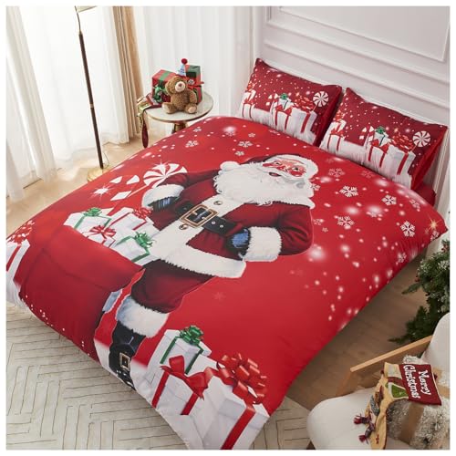 GC GAVENO CAVAILIA Xmas Jolly Santa Duvet Cover - Festive Christmas Double Bedding Set with Pillowcases - Soft Hypoallergenic Polyester Quilt Cover Bed Set (200x200 cm) - Easy Care Winter Bed Linen