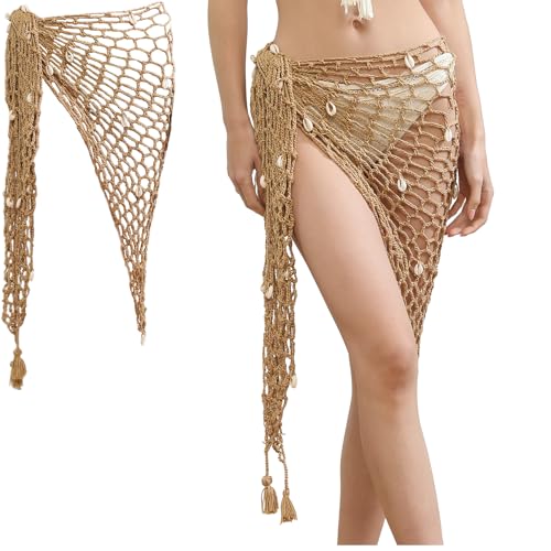 Women's Crochet Beach Cover Up Hollow Out Triangle Shawl Wrap Fishnet Skirt with Shells/Sequins