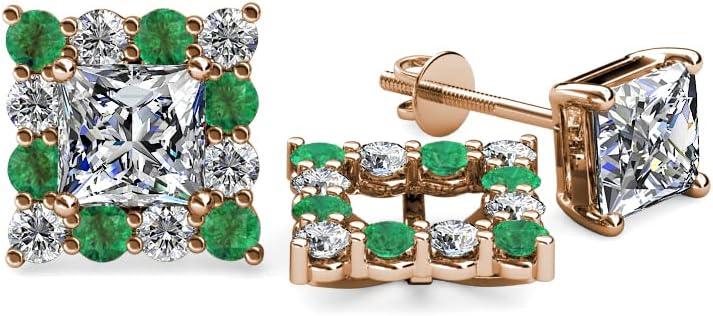 Emerald & Natural Diamond (SI2-I1,G-H) Halo Jacket for Princess Cut Stud Earrings 0.71 ctw 14K Gold