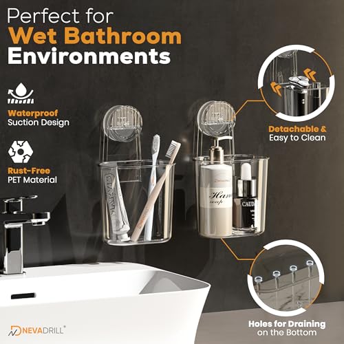 Image of Wall Mounted Toothbrush Holder with Vacuum Suction Lever Lock, No Drill Bathroom Organizer for Toothbrush, Toothpaste & Razor, Strong Hold on Tiles & Glass (Pack of 1) [ND-13812]