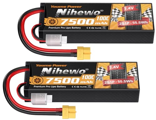 Nihewo Paquete de 2 baterías Lipo 2S, 7.4 V, 7500 mAh, batería RC 100C, carcasa rígida Lipos XT60, conector compatible con modelos de aviones de 1/8 1/10 RC para coche, camión, Truggy, tanque, barco