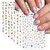 8Sheets Summer Nail Art Stickers Ocean Nail Decals Palm Tree Sea Beach Jellyfish Starfish Nail Design Cute Shell Coconut Tree Fruits Ice Cream Leaf Nail Supplies for Summer Nail Art Decorations