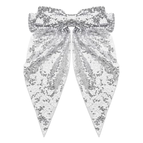 Glitter Hair Bows for Girls Big Bow Hair Clips Large French Ribbon Bowknot Hair Barrettes for Women Party Silver Metal Clips Oversized Long Tail Hair Bow Clip Sparkly Hair Accessories for Thick Hair image 3
