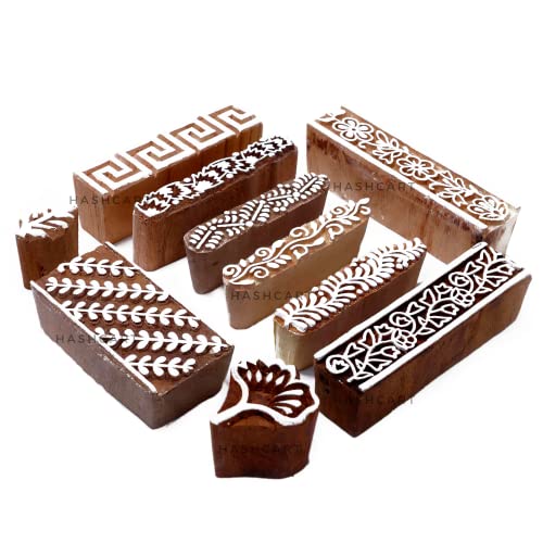 Image of Hashcart | Set of 10 | Wooden Multi Design Printing Blocks for Saree Border | Henna Mehndi Hand Printing | Handmade Stamps for Scrapbooking | Fabric Textile | Project Making | Art Craft
