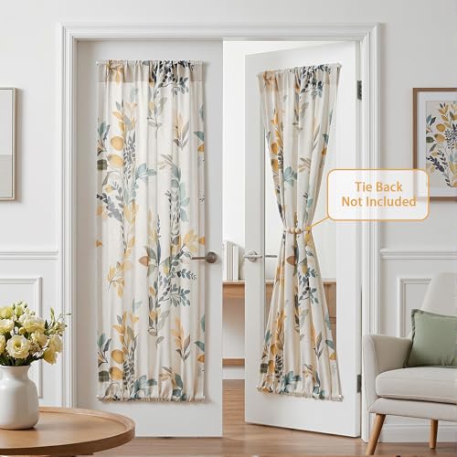 Image of MYSKY HOME Floral Linen French Door Curtains 72 inch Long 2 Panels for Front Door Light Filtering Privacy Semi Sheer Window Curtains with Rod Pocket, Yellow and Blue, 24 inch W Each Panel