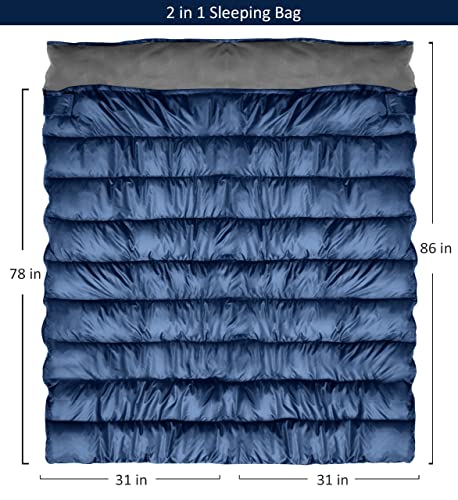 Image of Navy Couple or Double Sleeping Bag! Warm and Comfortable ! Great for Camping or Hunting! Perfect for a Family Campout