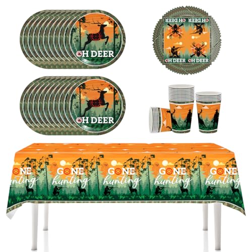 YINcrinx Vajilla para fiestas temáticas de caza que incluye platos, tazas, manteles y servilletas para picnics al aire libre, fiestas de cumpleaños, baby showers, hasta 20 invitados
