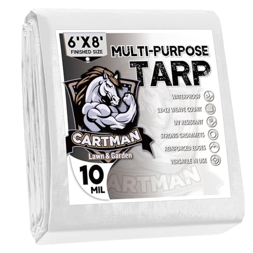 CARTMAN - CARTMAN Finished Size 6x8 Feet 10 Mil White Heavy Duty Poly Tarp, Multipurpose Protective Cover, UV Resistant, Waterproof Poly Tarpaulin with Reinforced Edges Tarpaulin with Reinforced Edges