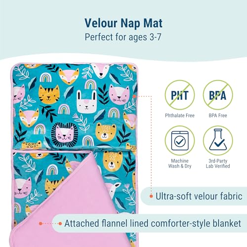 Image of Wildkin Kids Velour Nap Mat for Boys & Girls - Soft & Cozy Toddler Sleep Mat with Built-in Blanket for Daycare, Preschool, Kindergarten & Travel, Ages 3-7, Machine Washable - Party Animal