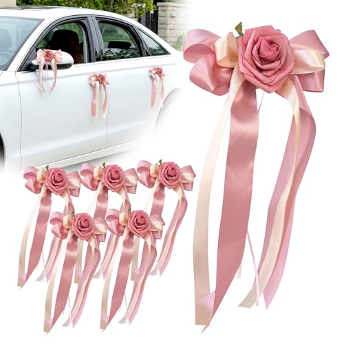 Image of 6PCS Wedding Car Door Handle Decorative Flowers, White Artificial Cars Bouquet Flower Bowknot Ribbon Decor, Just Married Automotive Decorations Accessories for Door Handles(Pink)