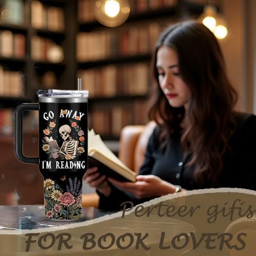 Skull Floral Tumbler 40oz with Lid & Straw - Go Away I'm Reading Skeleton Reading Gifts, Halloween Christmas Ghostface Decoration Horror Gifts Idea for Men Women Gothic Skulls - Image 2