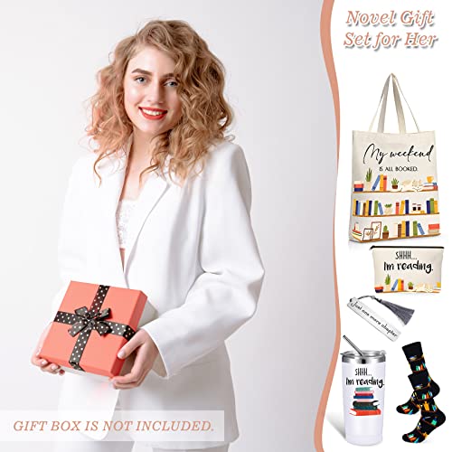 5 Pcs Book Lovers Gifts Set Graduation Gifts Includes 20 Oz Stainless Steel Wine Tumbler Novelty Socks Bookmark With Tassel Canvas Tote Bag And Cosmetic Bag For Student Teacher Reader Book Lovers #TOP6