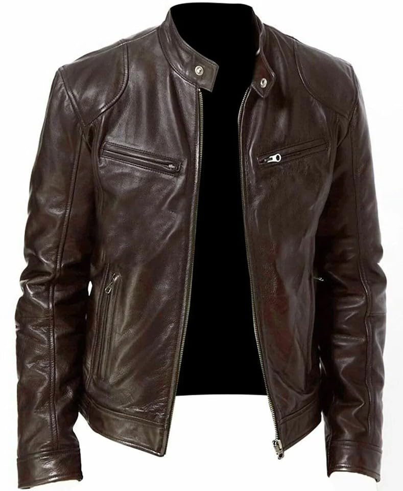 Veste vintage en cuir PU marron aux finitions rock roll haut de gamme