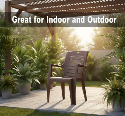 Image of Patiofy Plastic Arm Chair for Living Room, Heavy Duty Plastic Chair for Home and Outdoor, Solid Back Support, Comfortable Seating with Arm Support, 200 Kg Capacity (Maxim Brown- Set of 1)