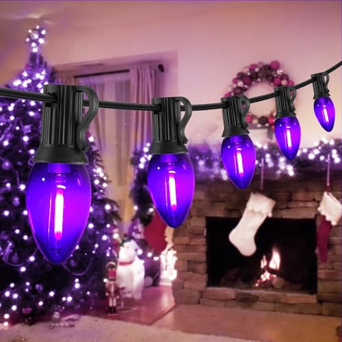 Image of 10FT C7 Purple LED String Lights, Black Wire Outdoor Halloween | IP44 Waterproof & Shatterproof, End-to-End Connectable, Perfect for Patio, Porch, Railing, Party or Holiday Decor