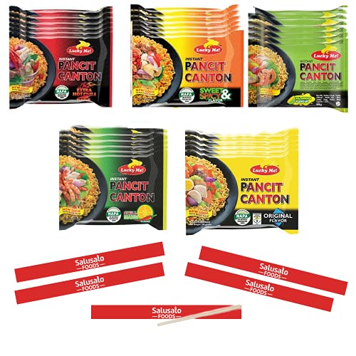 Pancit Canton Variety - 5 Flavor Assortment - 6 of each Orginal, Citrus Kalamansi, Hot Chili, Chilimansi & Sweet Spicy (Pack of 30) + 5 SaluSalo Foods Chopsticks
