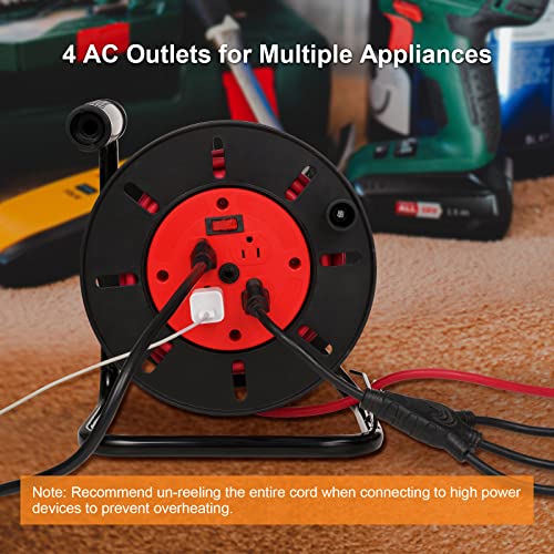 Suraielec Extension Cord Reel, 15 Amp Circuit Breaker, Multiple Outlets, Holds 100 Ft 16/3, 14/3 Or 75Ft 12/3 Cord, Portable Empty Hand Crank Cord Roller Holder, Metal Stand, Wall Hanging, Etl Listed #TOP3