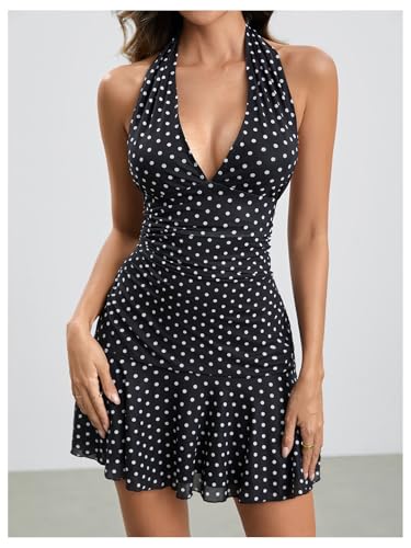 Milumia Women's Polka Dots Ruched Halter Mini Dress V Neck Ruffle Hem Short Tank Dresses4