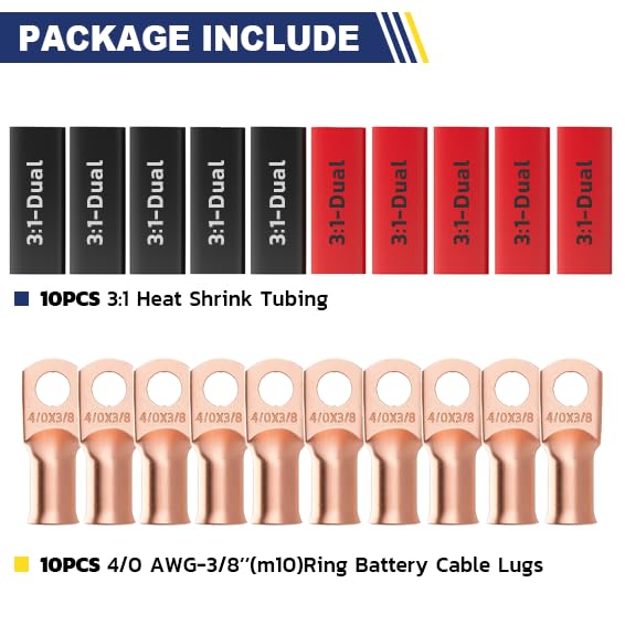 haisstronica 20PCS Battery Cable Lug & Heat Shrink Kit 4/0 AWG 3/8 (M10)