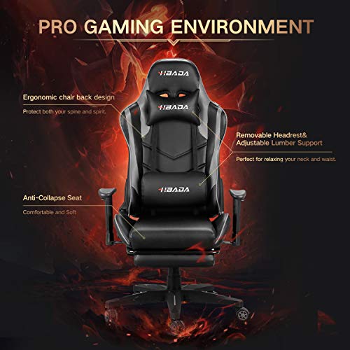 Hbada Gaming Chair Racing Style Ergonomic High Back Computer Chair with Height Adjustment, Headrest and Lumbar Support E-Sports Swivel Chair, Gray with Footrest(1-Year Warranty)