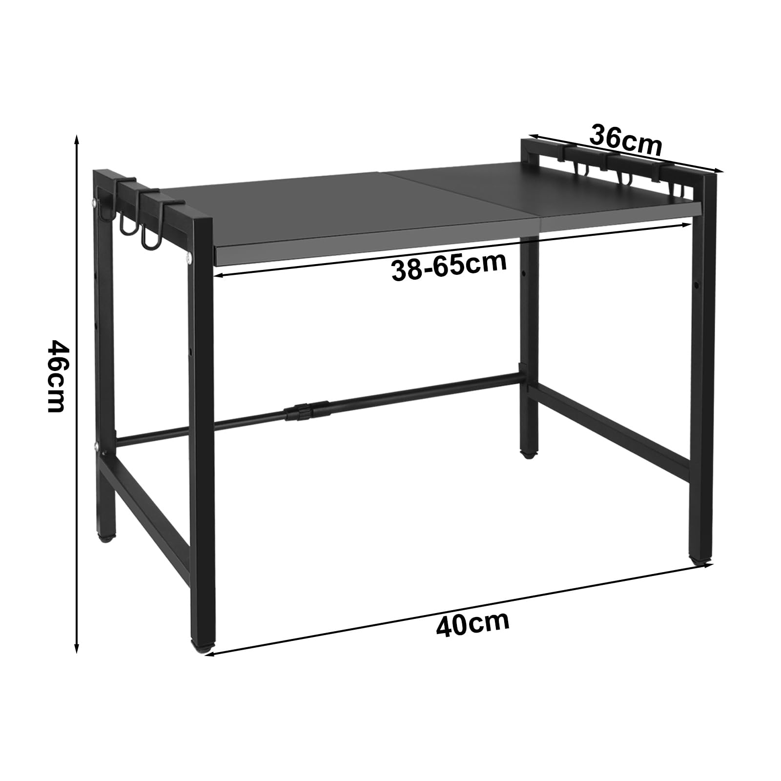 ASelected Expandable Microwave Oven Rack Height Adjustable 2 Tier Kitchen Counter Shelf Rack 6 Hooks Width 40 or 60Cm Black - Image 2