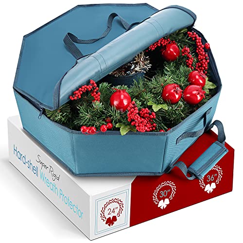 Image of Wreath Storage Container - Hard Shell Christmas Wreath Storage Bag with Interior Pockets, Dual Zipper and Handles - 24 inch Premium Wreath Storage Organizer Box by Hearth & Harbor