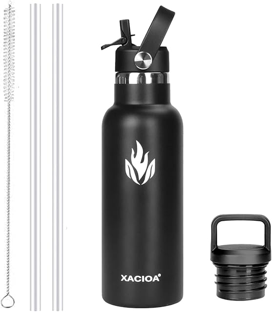 XACIOA Stainless Steel Water Bottle With Straw -for Hot/Cold Drinks 500/750/1000/ml Vacuum Insulated Leak Proof Water Bottle,BPA Free - with 2 replacement lid and straw Brush