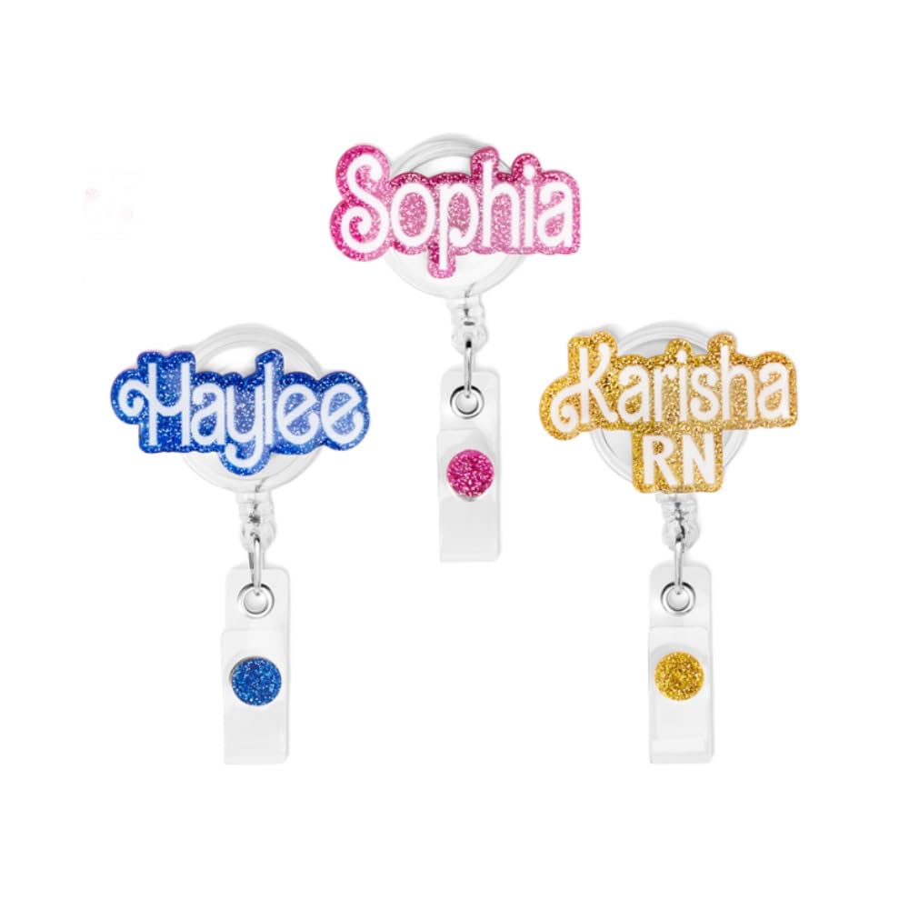 CALLIE Personalised Glitter Acrylic Badge Reel with Name and Title, Custom ID Retractable Badge Holders Clip Name Tag for Women, Nurse Week Teacher's Day Birthday Gift for Teacher Nurse Medical Staff
