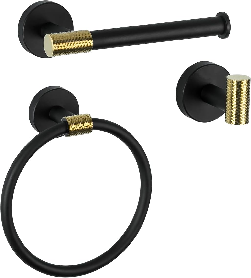 Essbhach 304 Stainless Steel Bathroom Hardware Accessories Set 3 Piece Matte Black Bathroom Hardware Set Include Hand Towel Ring, Toilet Paper Holder,and 1 Robe Towel Hooks,Bathroom Accessories Kit : Tools & Home Improvement