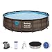 Produktbild Bestway Power Steel Swim Vista Series Frame Pool, 488 x 122 cm, Komplett-Set mit Filterpumpe, rund, braune Rattan-Optik