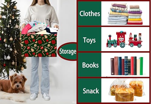 Image of Large Christmas Gifts Empty Baskets Kids Collapsible Holiday Storage Bin with Handle (Golden Tree Red Flower)