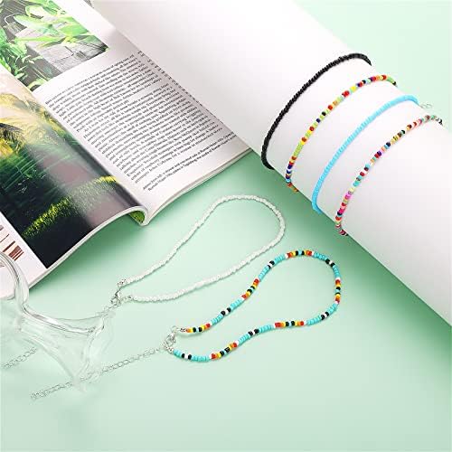 Yolev 6 Pieces Colorful Tiny Seed Beaded Necklace Boho Beads Choker Seed Beaded Choker Necklace Beach Necklace Chain Jewelry for Women Teen Girls