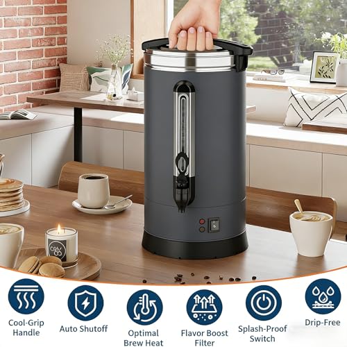 Image of 120-Cup Commercial Coffee Urn, 18L / 4.8Gal Double Wall Insulation Coffee Dispenser, Stainless Steel Large Hot Beverage Dispenser with Automatic Temperature Control & Faucet for Party Buffet