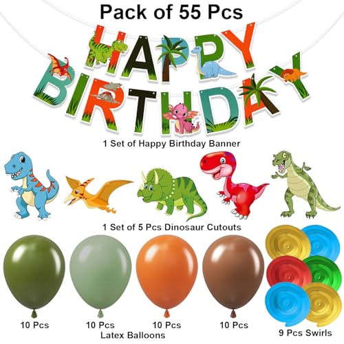Image of Set of 55 Pcs Dinosaur Theme Birthday Decoration Kit with Happy Birthday Paper Banner, Dinosaur Cutouts, Green Brown Orange Balloons, Hanging Swirls, Jungle Party Decoration Set for Kids Boys