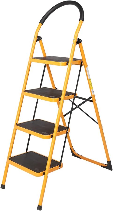 Folding 3/4 Step Ladder,Step Ladder Stool with Convenient Handgrip Anti-Slip Sturdy and Wide Pedal 330lbs Portable Steel Step Stool,Yellow (4 Step Ladder)
