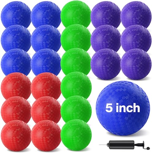 HSLCGF 24 Pcs Dodgeballs 5 Inch Playground Ball Kickball Inflatable Rubber Handball Bouncy Dodge Ball with 1 Hand Pump for Outdoors Ball Games Gym Camps Picnic (Multicolor)