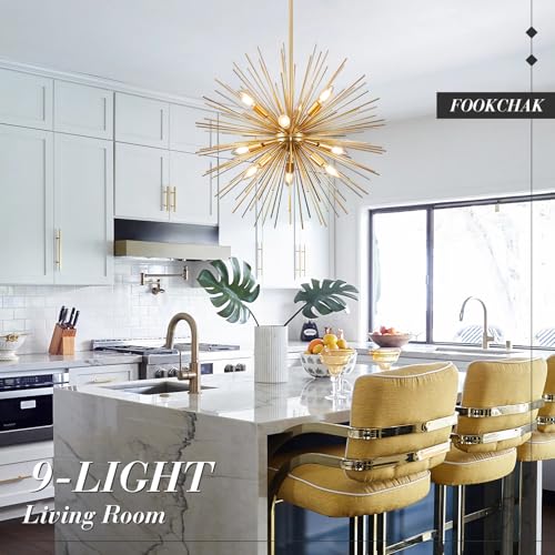 FookChak 24in Gold Sputnik Chandelier 9-Light Starburst Chandelier Light Fixture Solid Metal Mid-Century Modern Satellite Light Fixture for Dining Room Bedroom Bathroom Entryway Kitchen Island - Thumbnail 4