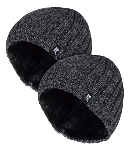 Image of HEAT HOLDERS 2 Pack Winter Beanie Hat Insulated Fleece Lined Ribbed Hat | Thermal Warm Hat (One Size, Grey)