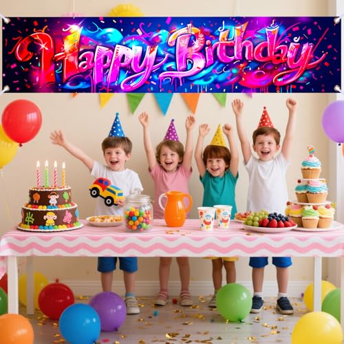 Image of Nuxovilar Graffiti Birthday Banner 78x17 inch Polyester | Party Decor, Birthday Event, Home Gathering, Indoor Backdrop, Wall Accent (Neon)