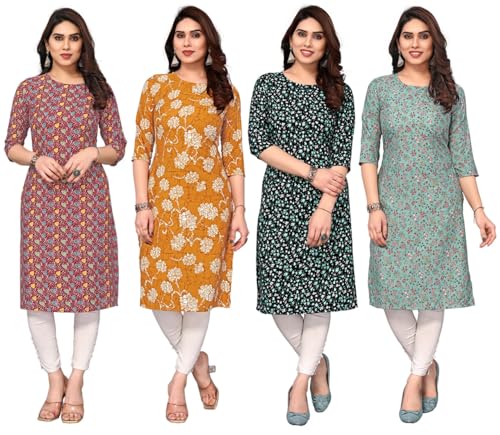 Image of JAKHANA Women's Crepe Printed Casual Straight Calf Length Round Nick Kurta Pack of 4