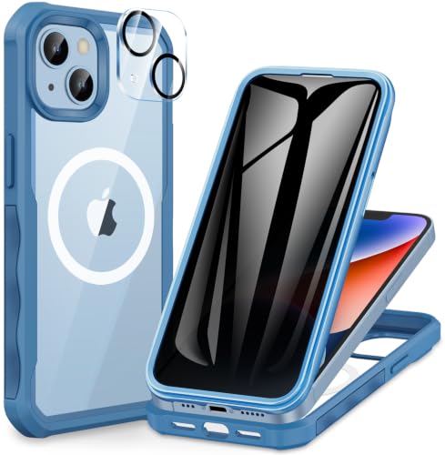 CENHUFO Privacy for iPhone 14 Case/iPhone 13 Case, Full Body Phone Case with Built-in 9H Tempered Glass Privacy Screen Protector and Camera Lens Protector, Shockproof Bumper Clear Cover - Blue