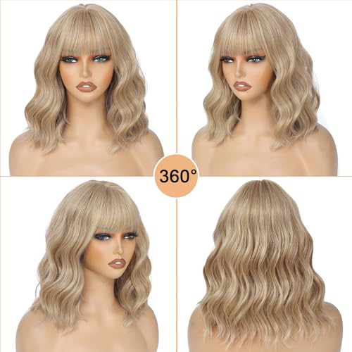Image of AGO Mixed Blonde Bob Wavy Wigs with Bangs, Short Grey Blonde Bob Wig Loose Wave Synthetic Hair Heat Resistant Fiber Synthetic Wig for Daily Party Halloween Cosplay Use(Mixed Blonde)