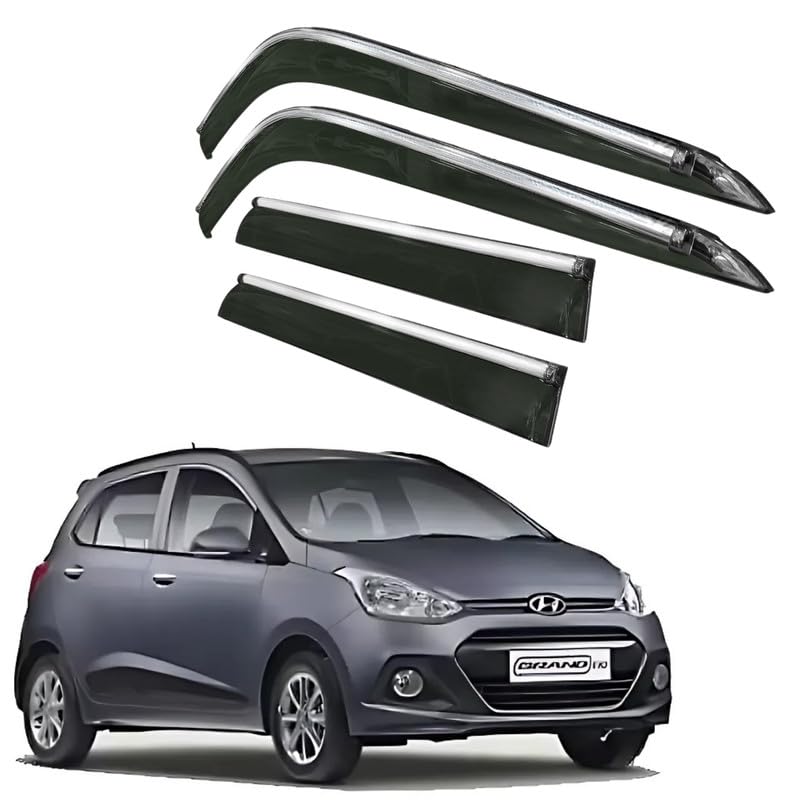 Image of CAR SAAZ Side Door Visors for Grand I10 (2013-2019)(Set of 4Pcs)|Chrome Lined Rain Guards, Polycarbonate, Smoke Finish